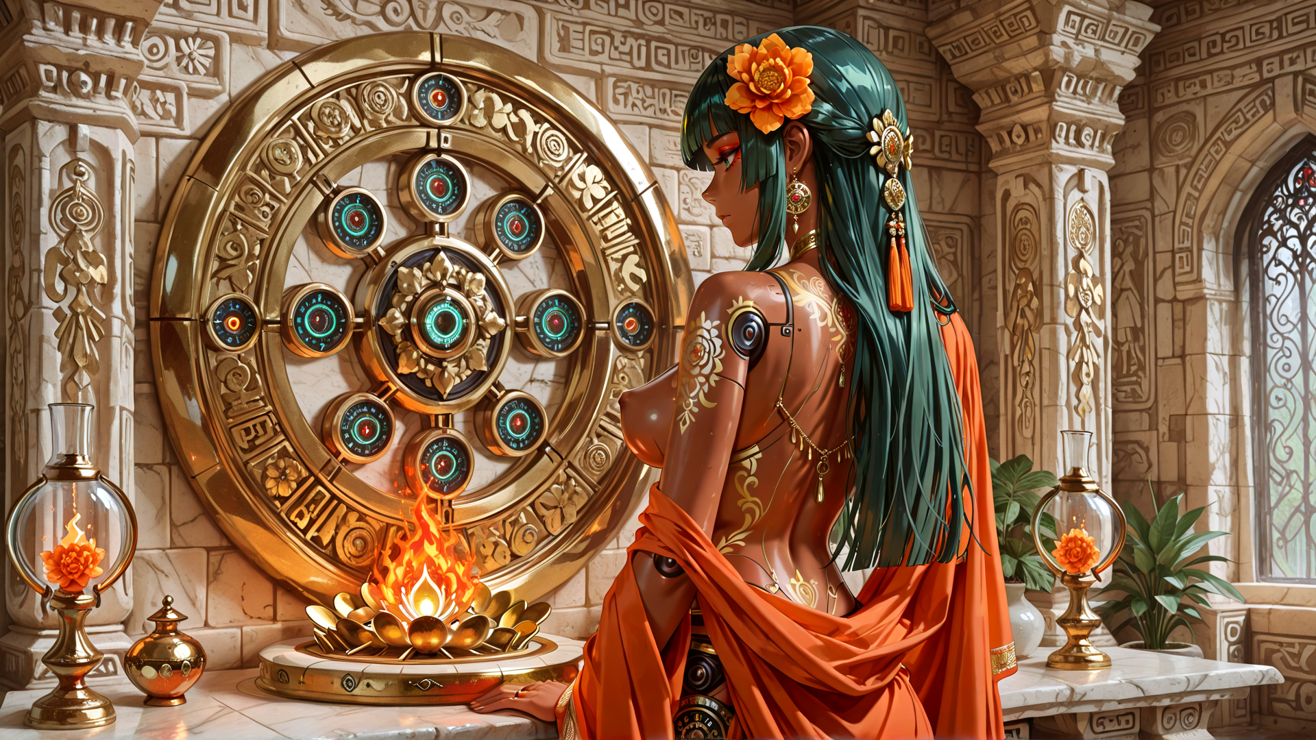 AI generated wallpaper featuring woman, clock, lantern, flower, ancient, goddess, statue, sacred, temple, mandala