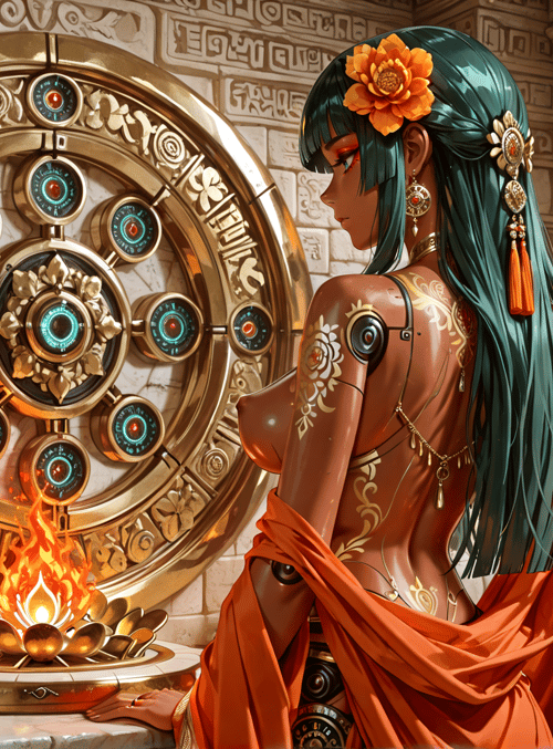 woman, clock, lantern, flower, ancient, goddess, statue, sacred, temple, mandala