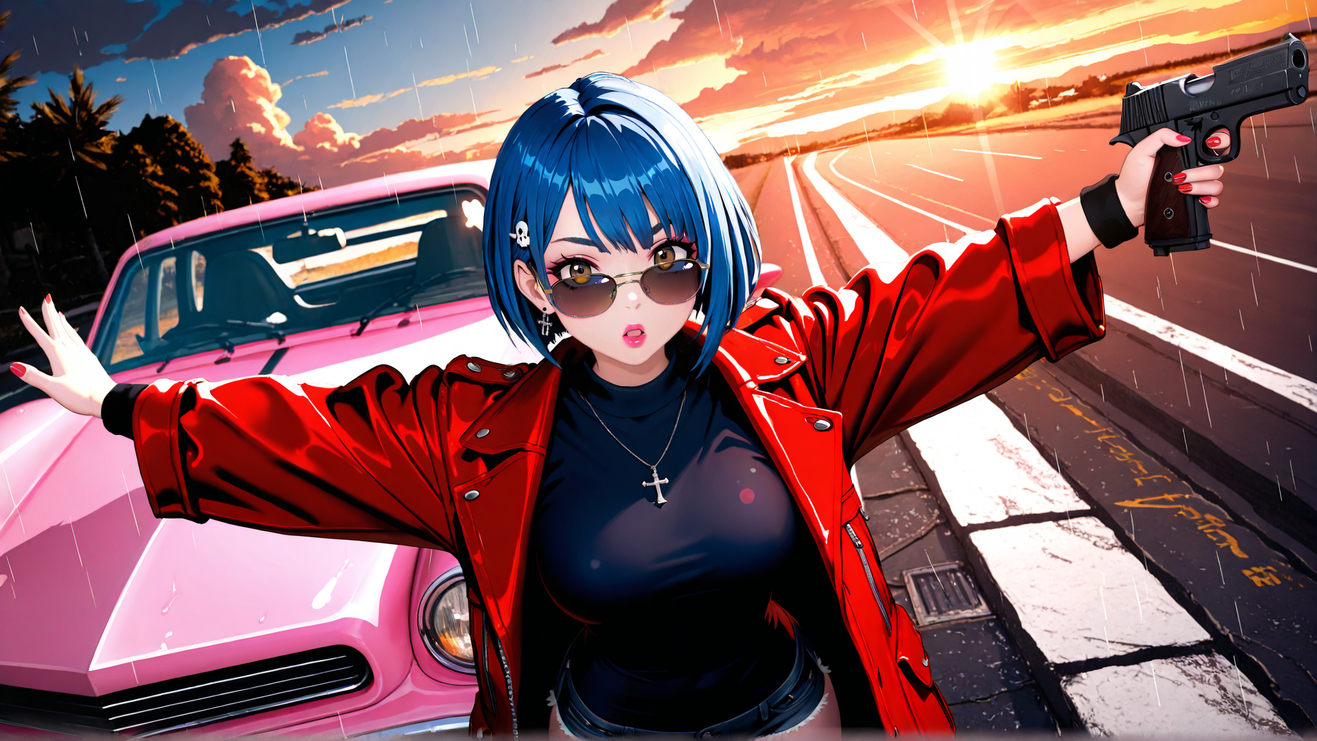 AI generated wallpaper featuring woman, gun, car, sunglasses