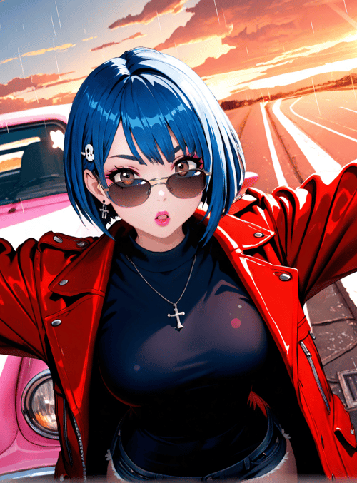 woman, gun, car, sunglasses