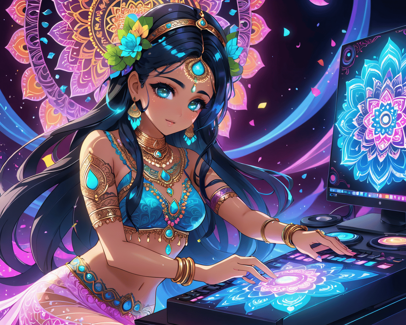 AI generated wallpaper featuring woman, dj, computer