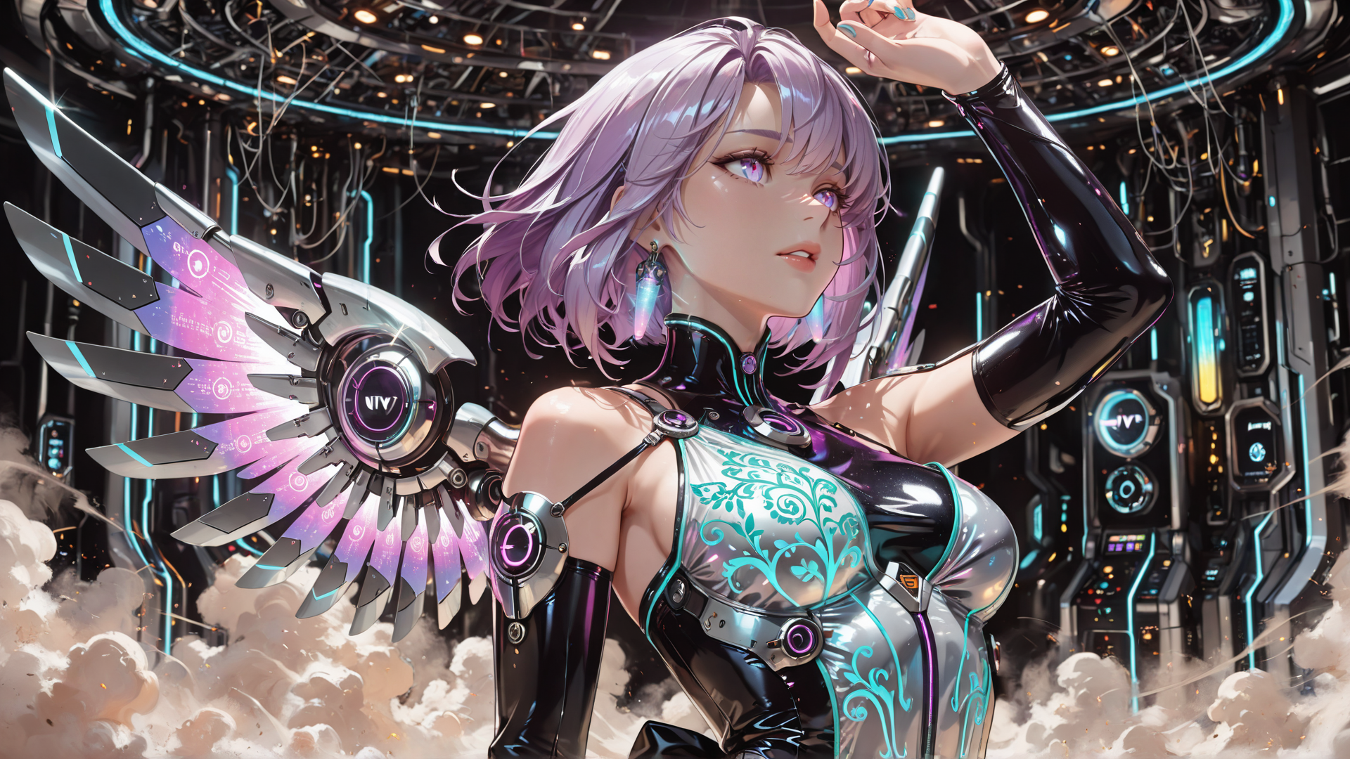 AI generated wallpaper featuring cyborg, angel wings, futuristic outfit, neon, gadget, mechanical, cyberpunk, digital, glowing, fashion