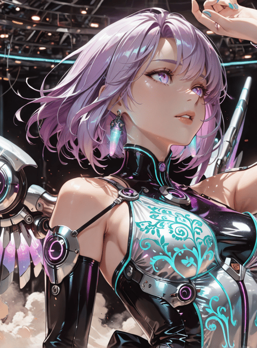 cyborg, angel wings, futuristic outfit, neon, gadget, mechanical, cyberpunk, digital, glowing, fashion