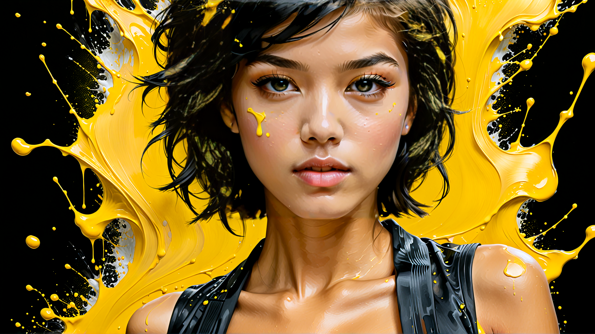 AI generated wallpaper featuring woman, hair, paint, sweat, drops