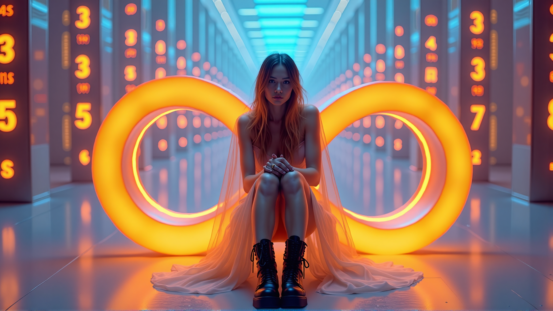 AI generated wallpaper featuring woman, digital, circles, corridor, dress, boots