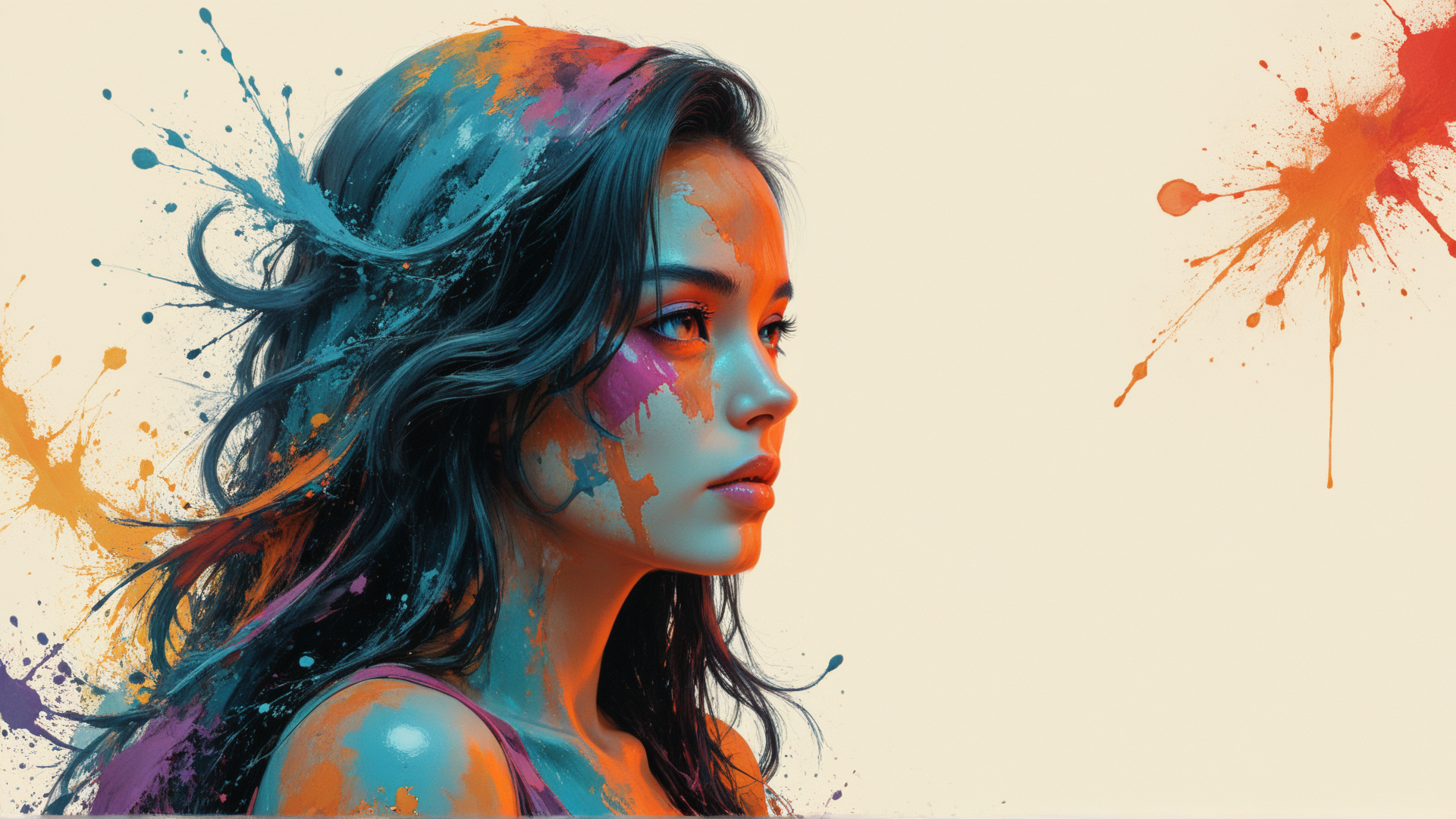 AI generated wallpaper featuring woman, paint, splatter, art, hair