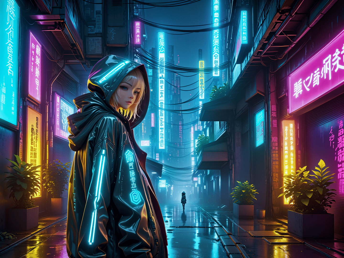 AI generated wallpaper featuring person, cyberpunk, street