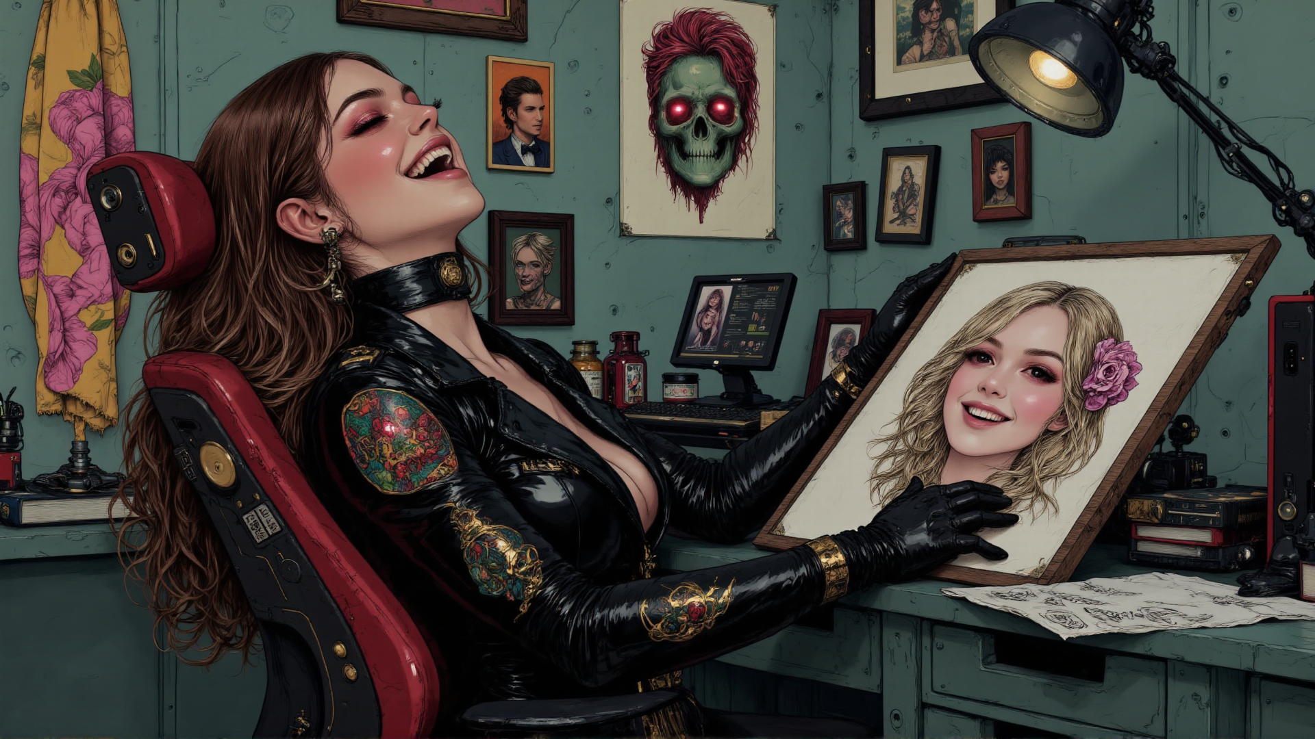 AI generated wallpaper featuring woman, painting, chair, skull, art, portrait, gloves, tattoo, lamp, framed