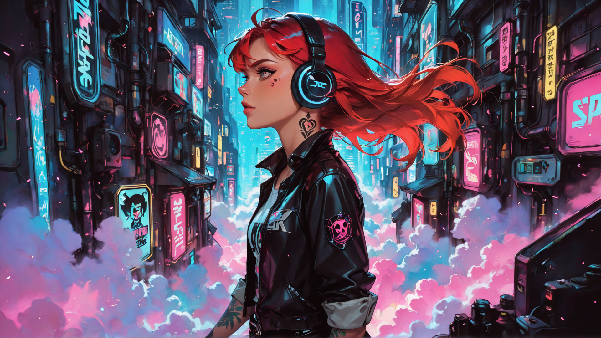 AI generated wallpaper featuring woman, neon, city, headphones, jacket, clouds, signs, tattoo, red hair, urban