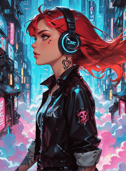 woman, neon, city, headphones, jacket, clouds, signs, tattoo, red hair, urban