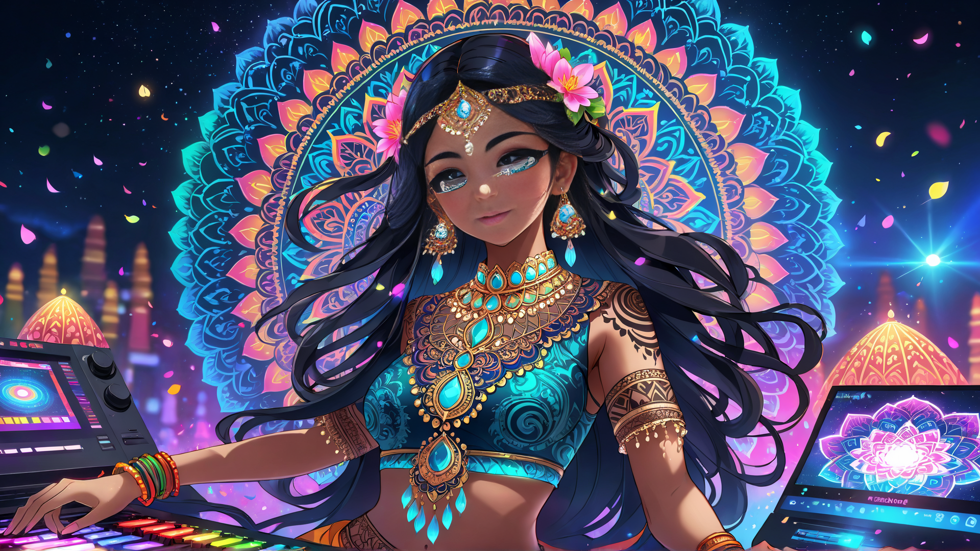 AI generated wallpaper featuring woman, dj, mandala