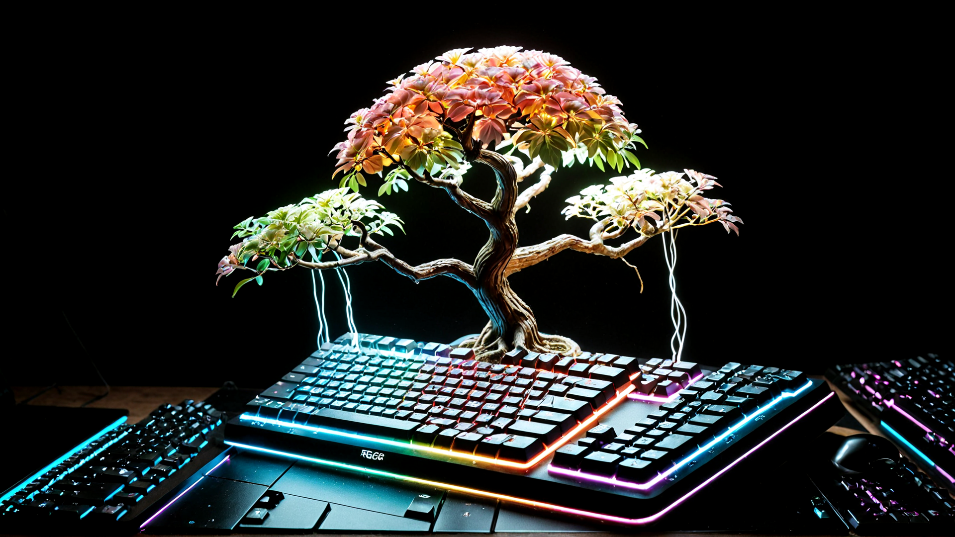 AI generated wallpaper featuring tree, keyboard, mouse, gaming setup, lighting