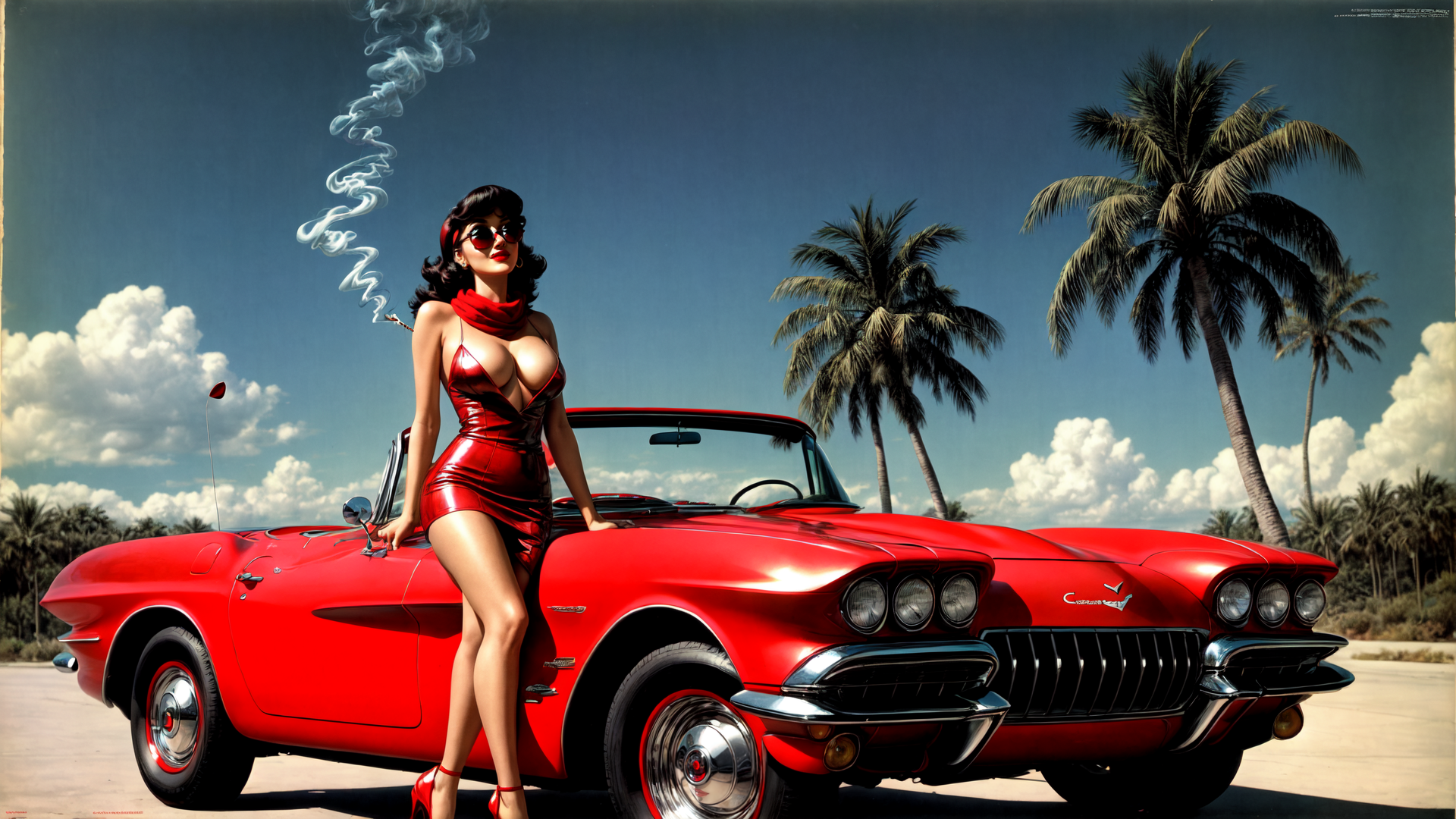 AI generated wallpaper featuring woman, car, palm tree, smoke, sunglasses, scarf, dress, shoes, sky, cloud