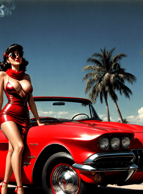 woman, car, palm tree, smoke, sunglasses, scarf, dress, shoes, sky, cloud