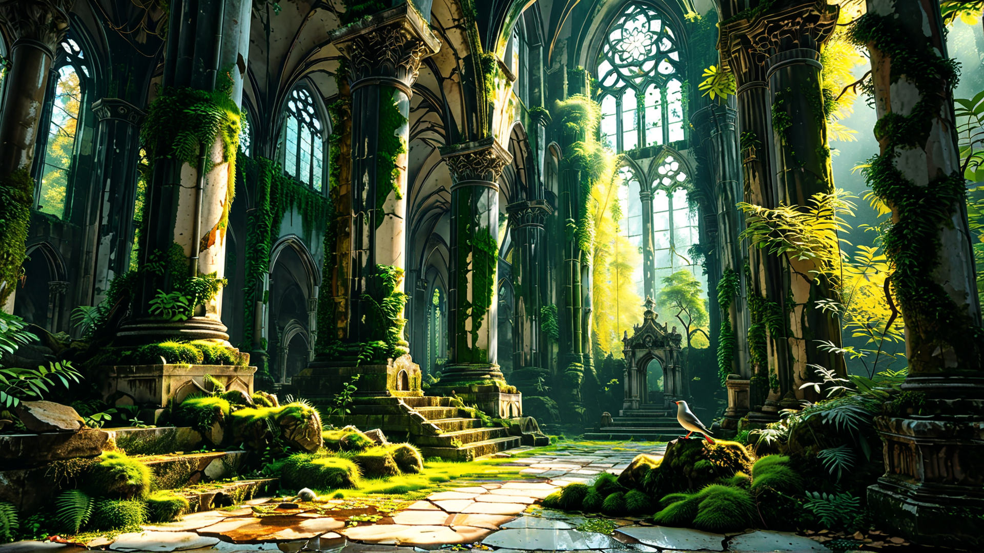 AI generated wallpaper featuring cathedral, columns, plants, sunlight, bird, mosaic, staircase, moss, window, ruins