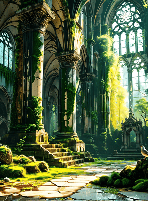 cathedral, columns, plants, sunlight, bird, mosaic, staircase, moss, window, ruins