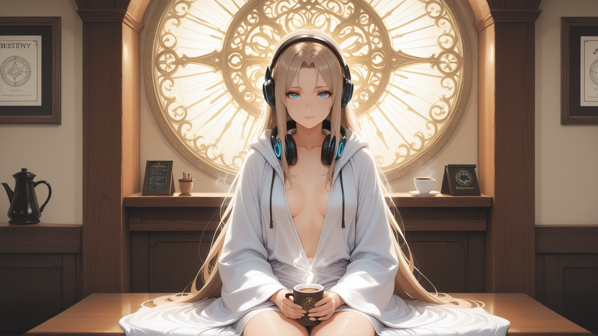 AI generated wallpaper featuring anime girl, headphones, robed figure, steaming cup, clock rose window