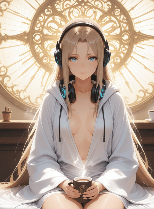 anime girl, headphones, robed figure, steaming cup, clock rose window