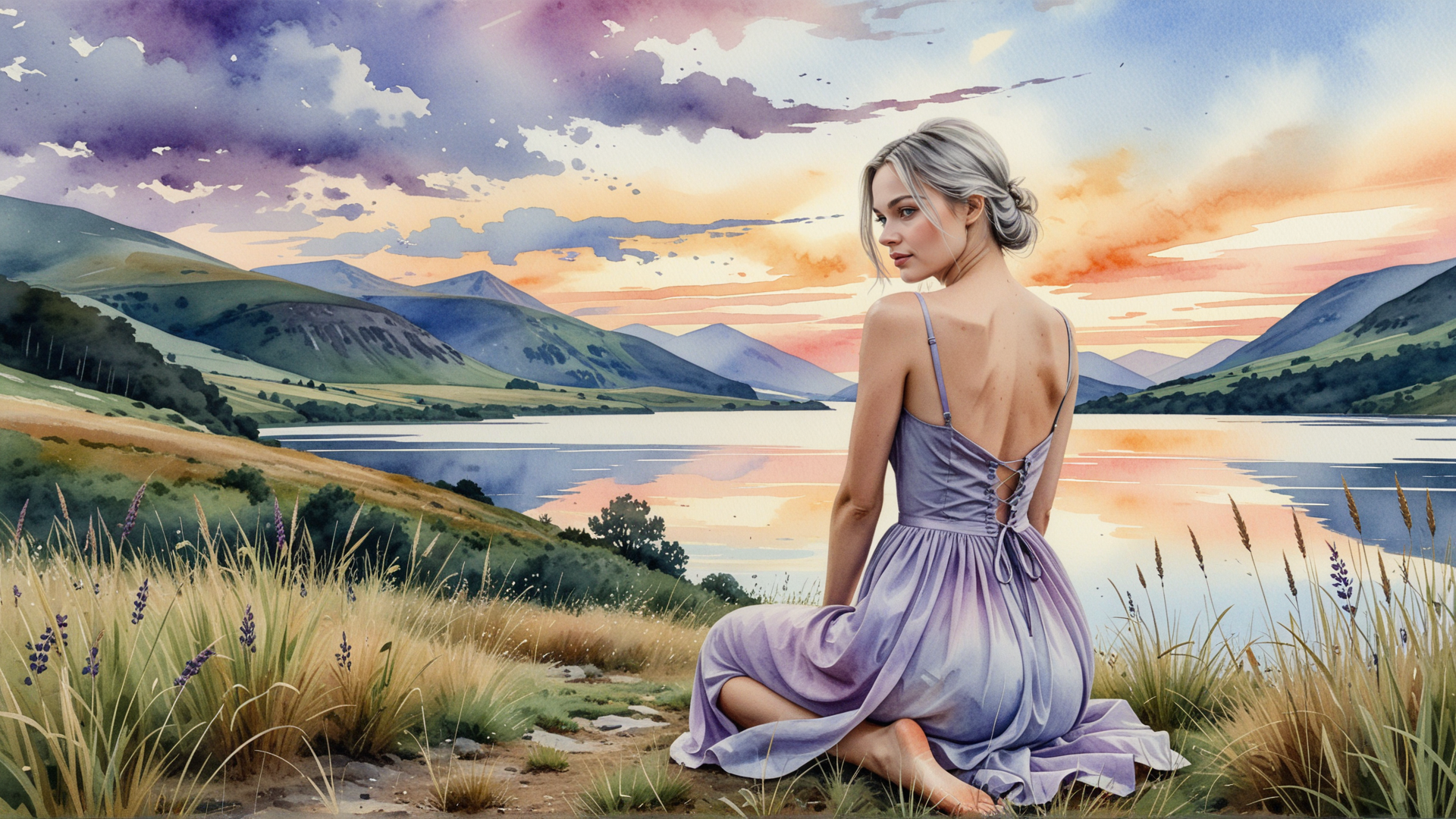 AI generated wallpaper featuring woman, dress, lake, mountains, grass, flowers, sunset, sky, clouds, landscape
