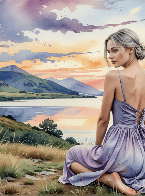 woman, dress, lake, mountains, grass, flowers, sunset, sky, clouds, landscape
