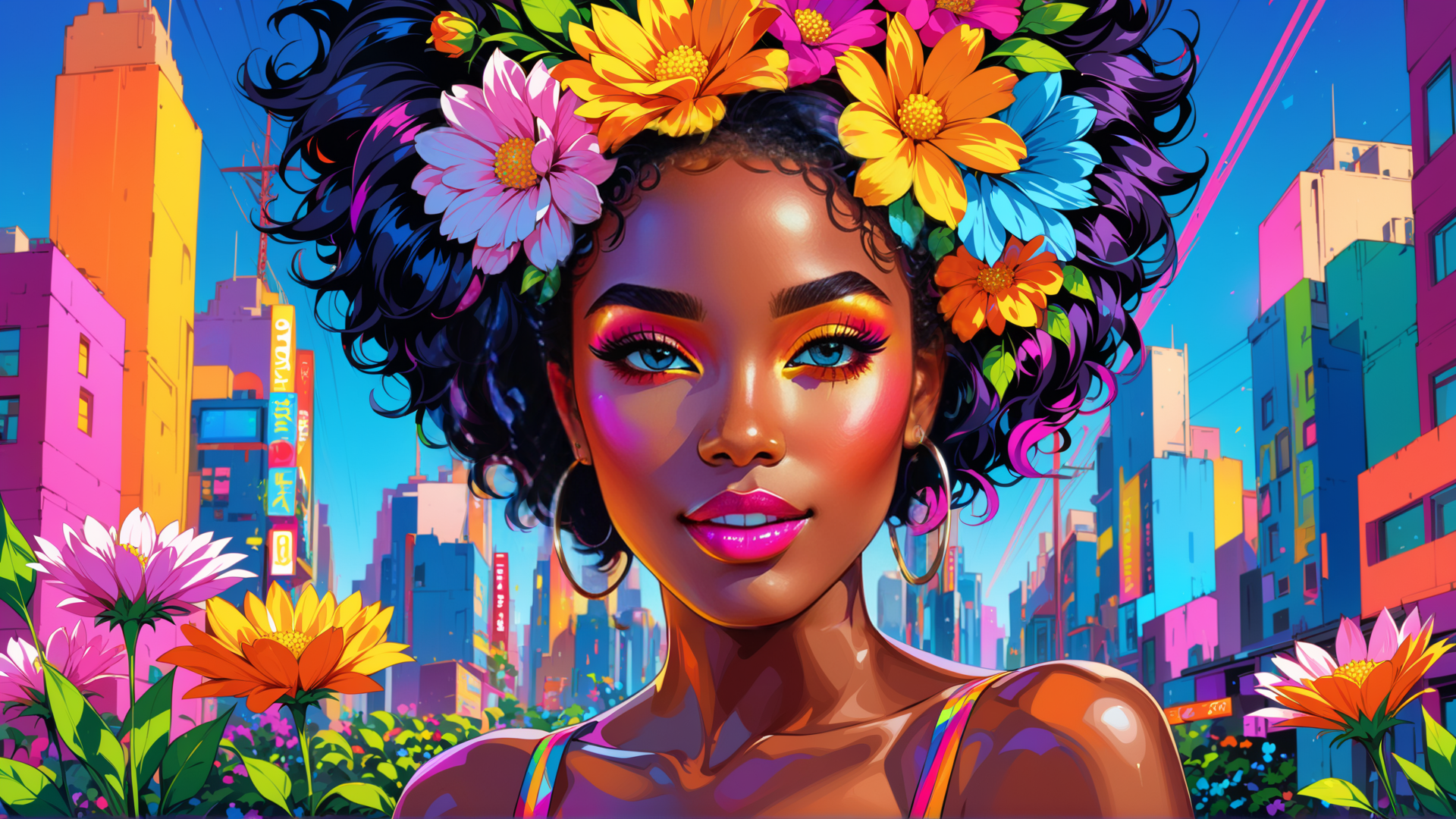 AI generated wallpaper featuring woman, cityscape, flowers