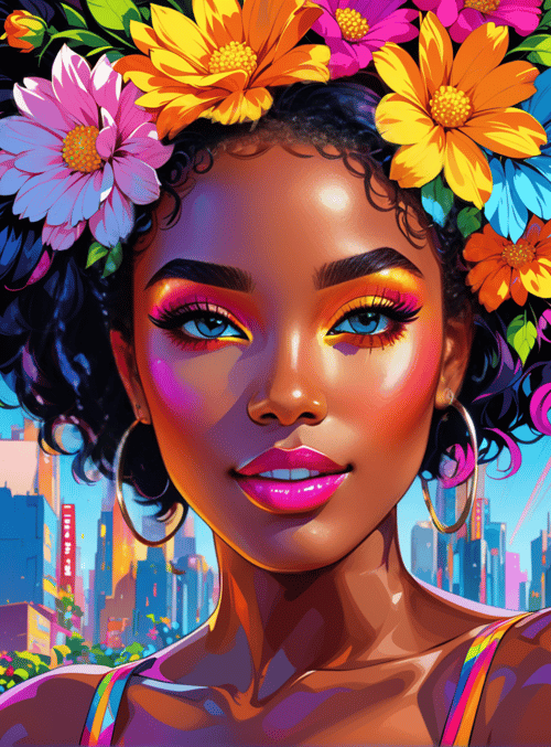 woman, cityscape, flowers