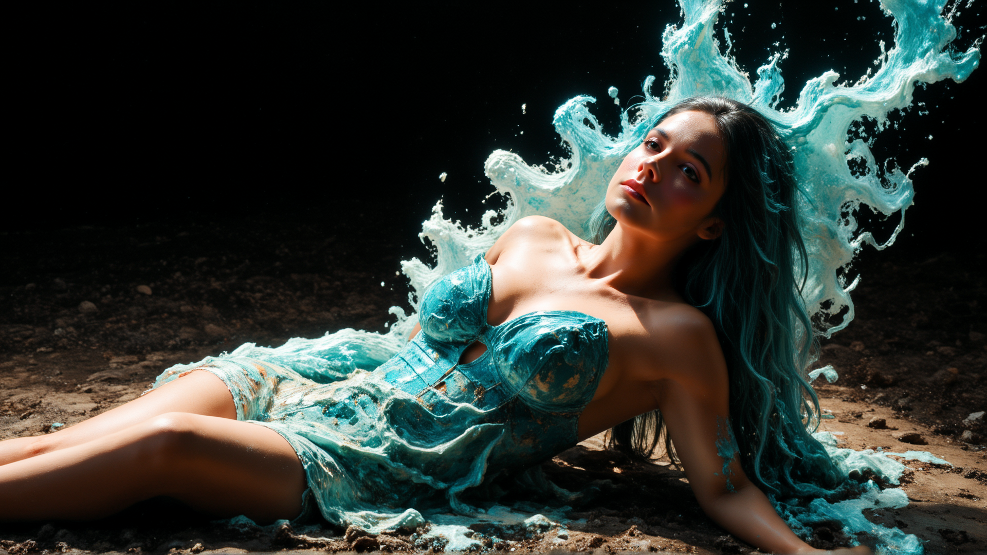 AI generated wallpaper featuring mermaid, woman, water, dress, sunset