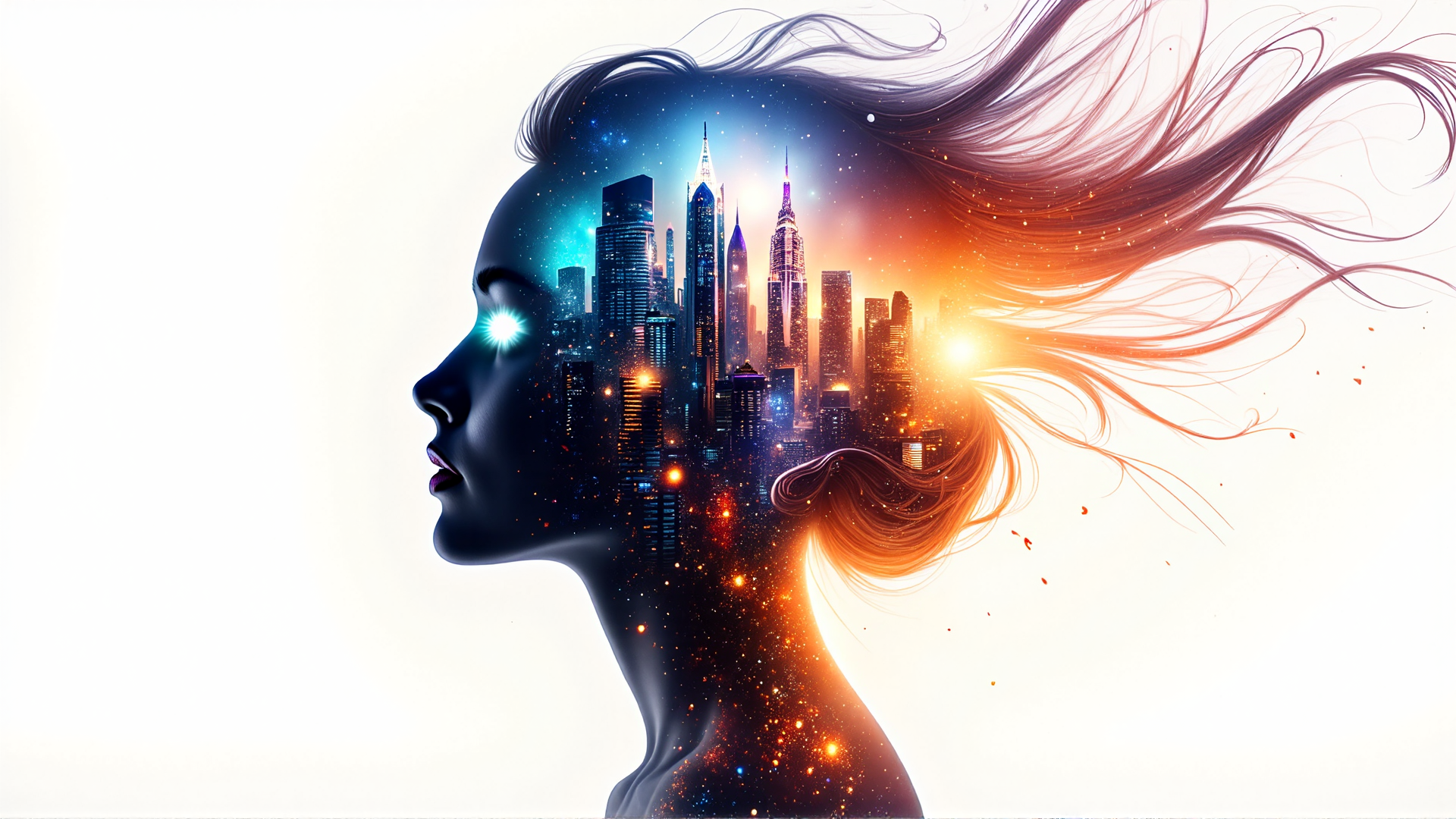 AI generated wallpaper featuring woman, cityscape, hair, silhouette, skyline
