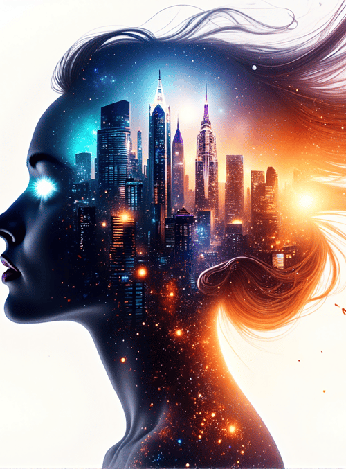 woman, cityscape, hair, silhouette, skyline