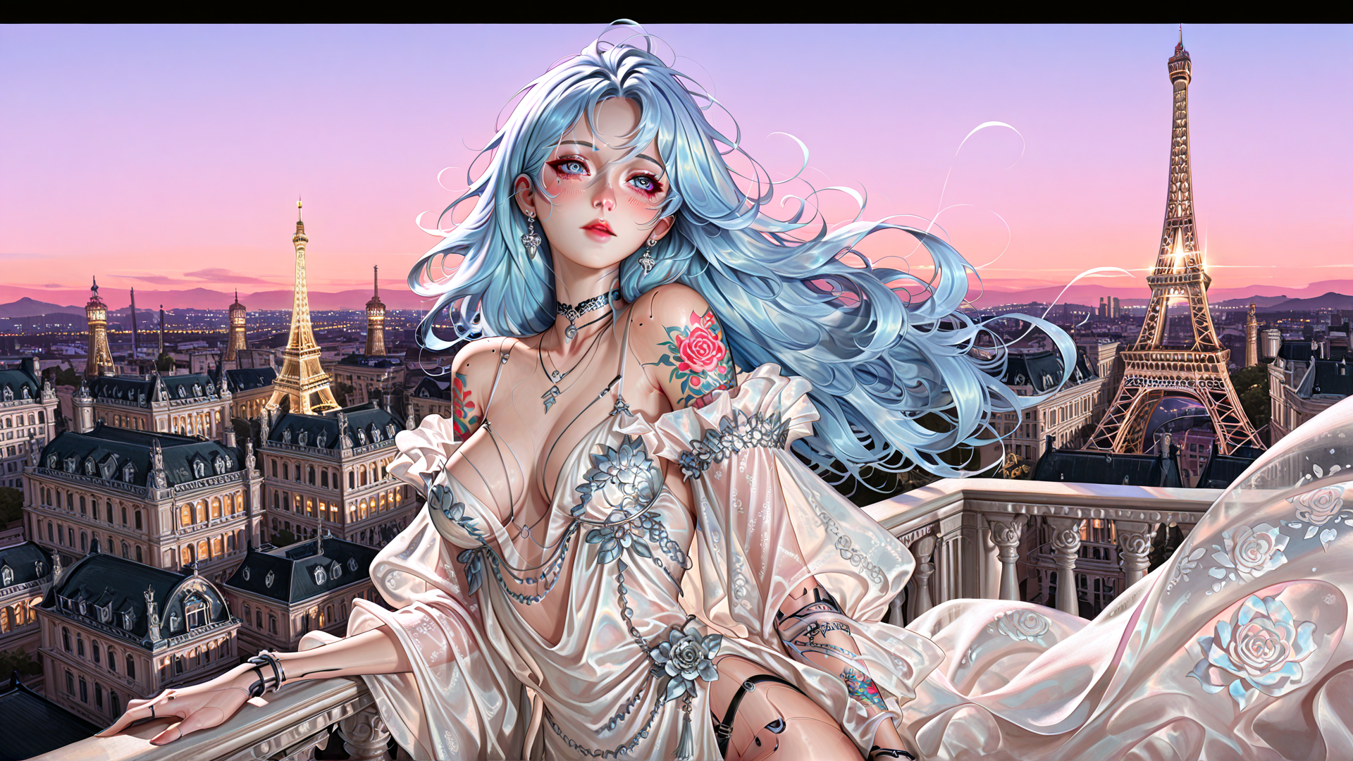 AI generated wallpaper featuring woman, eiffel tower, paris, blonde hair, tattoo, dress