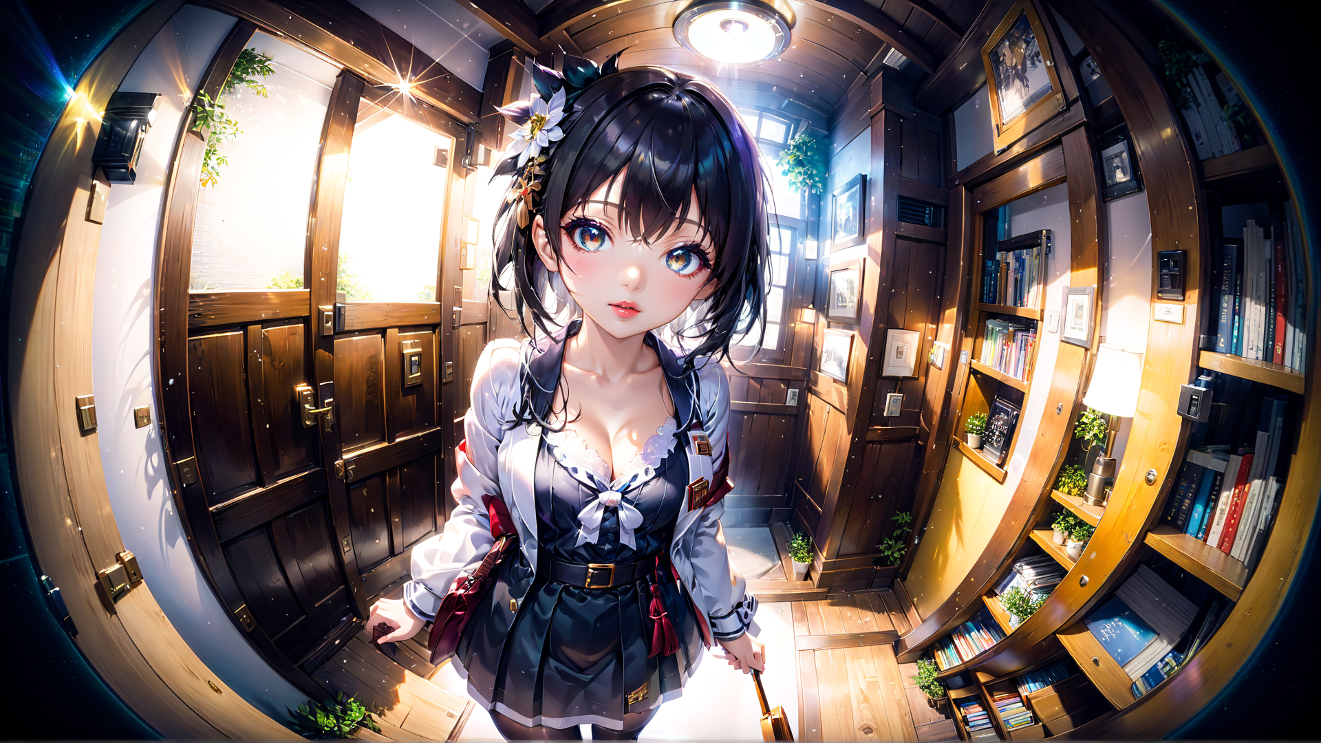 AI generated wallpaper featuring girl, anime, bookshelf, door, window, plant, light, dress, hat, satchel