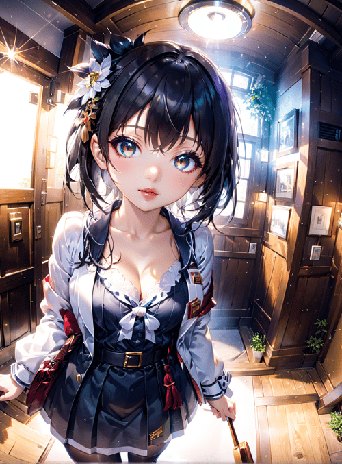girl, anime, bookshelf, door, window, plant, light, dress, hat, satchel
