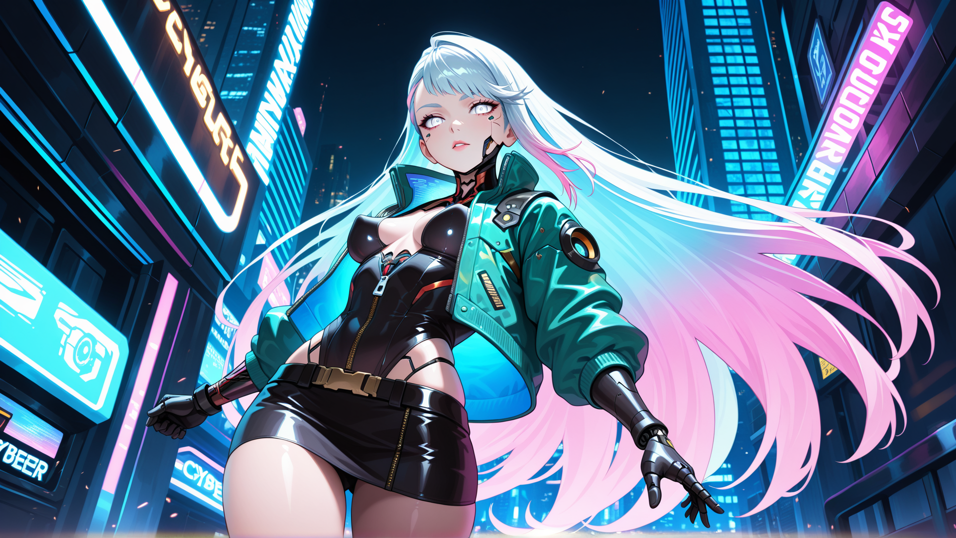 AI generated wallpaper featuring cyberpunk, woman, neon, cityscape, cyborg