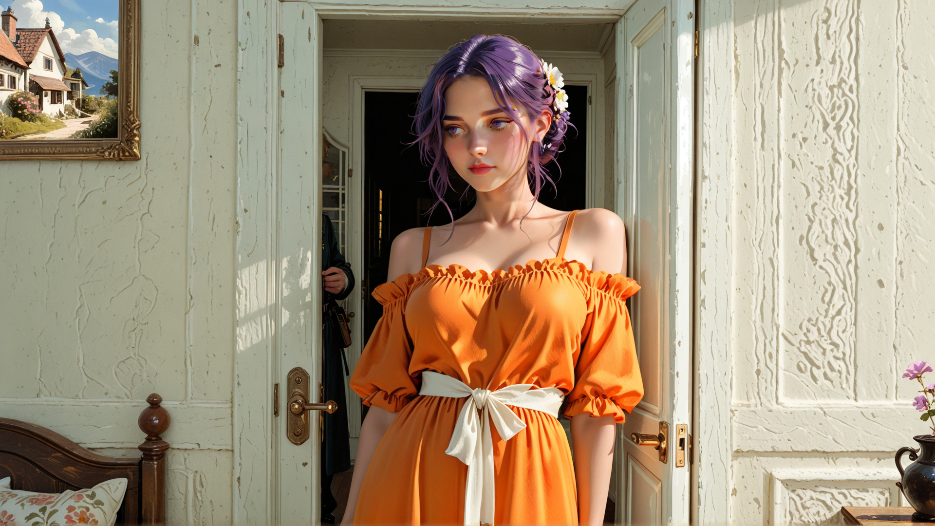 AI generated wallpaper featuring woman, dress, door, flowers, room, mirror, bed