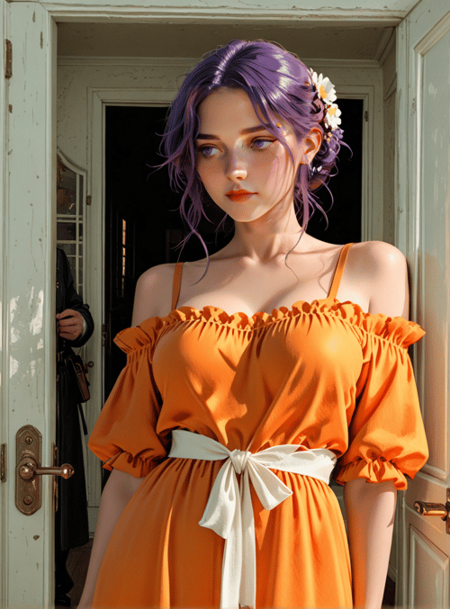 woman, dress, door, flowers, room, mirror, bed