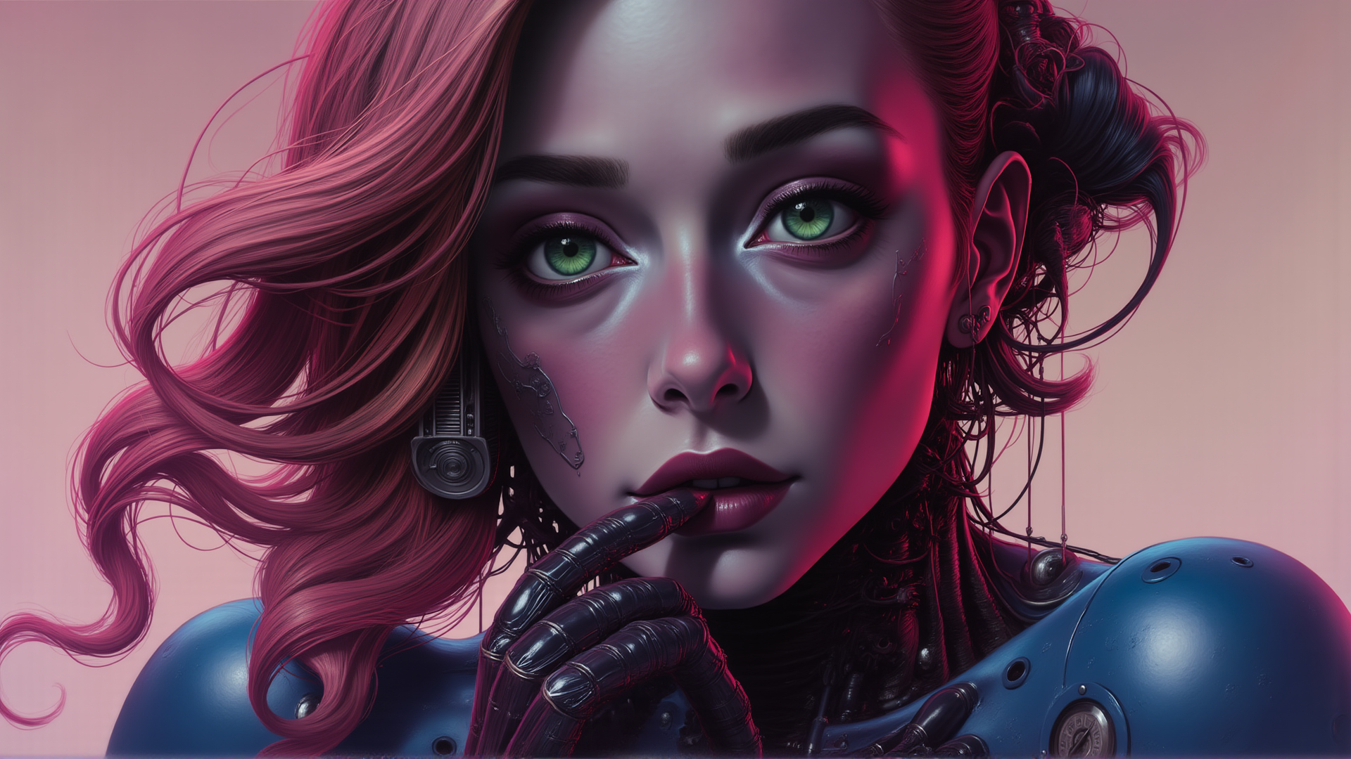 AI generated wallpaper featuring cyborg, woman, glove, ear, hair