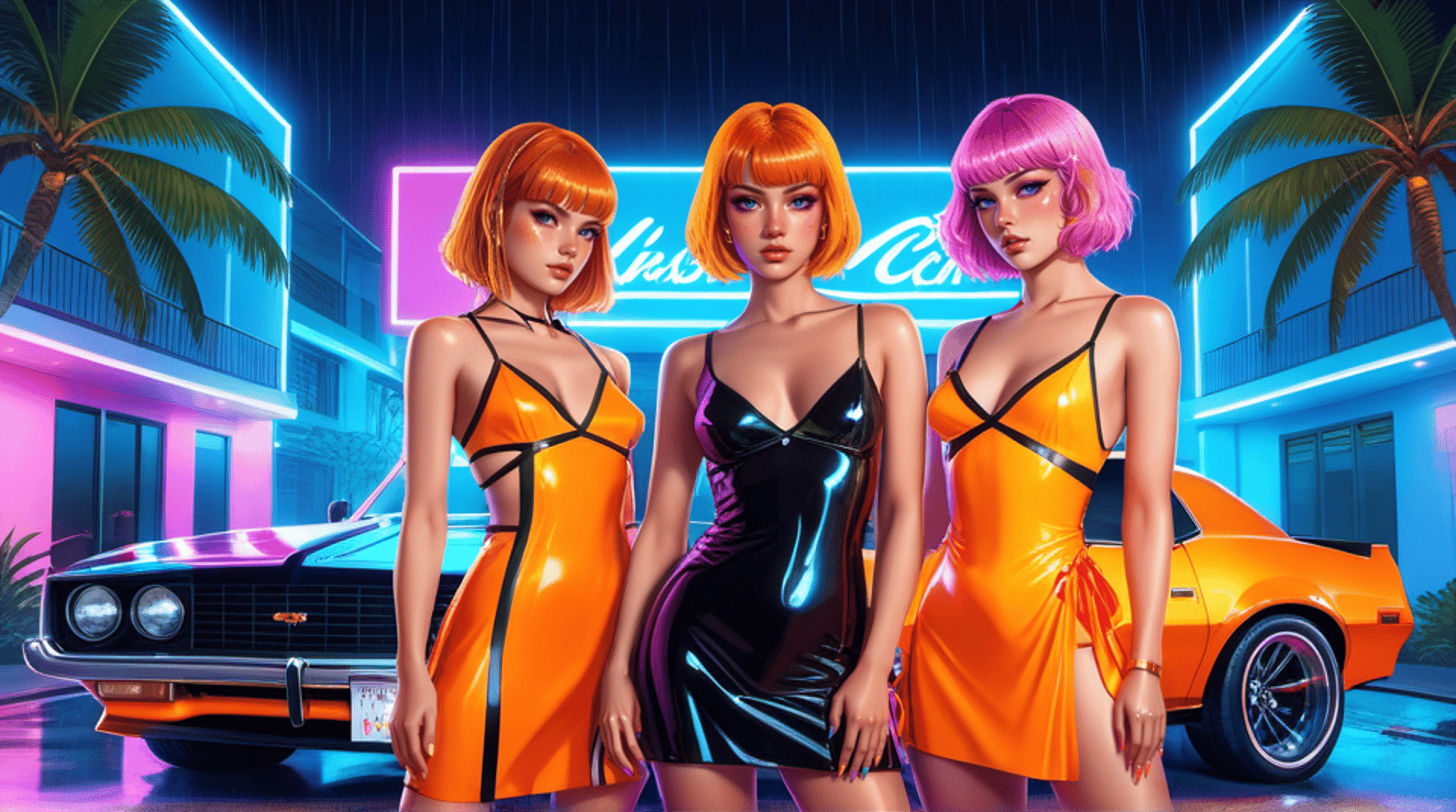 AI generated wallpaper featuring women, cars, neon