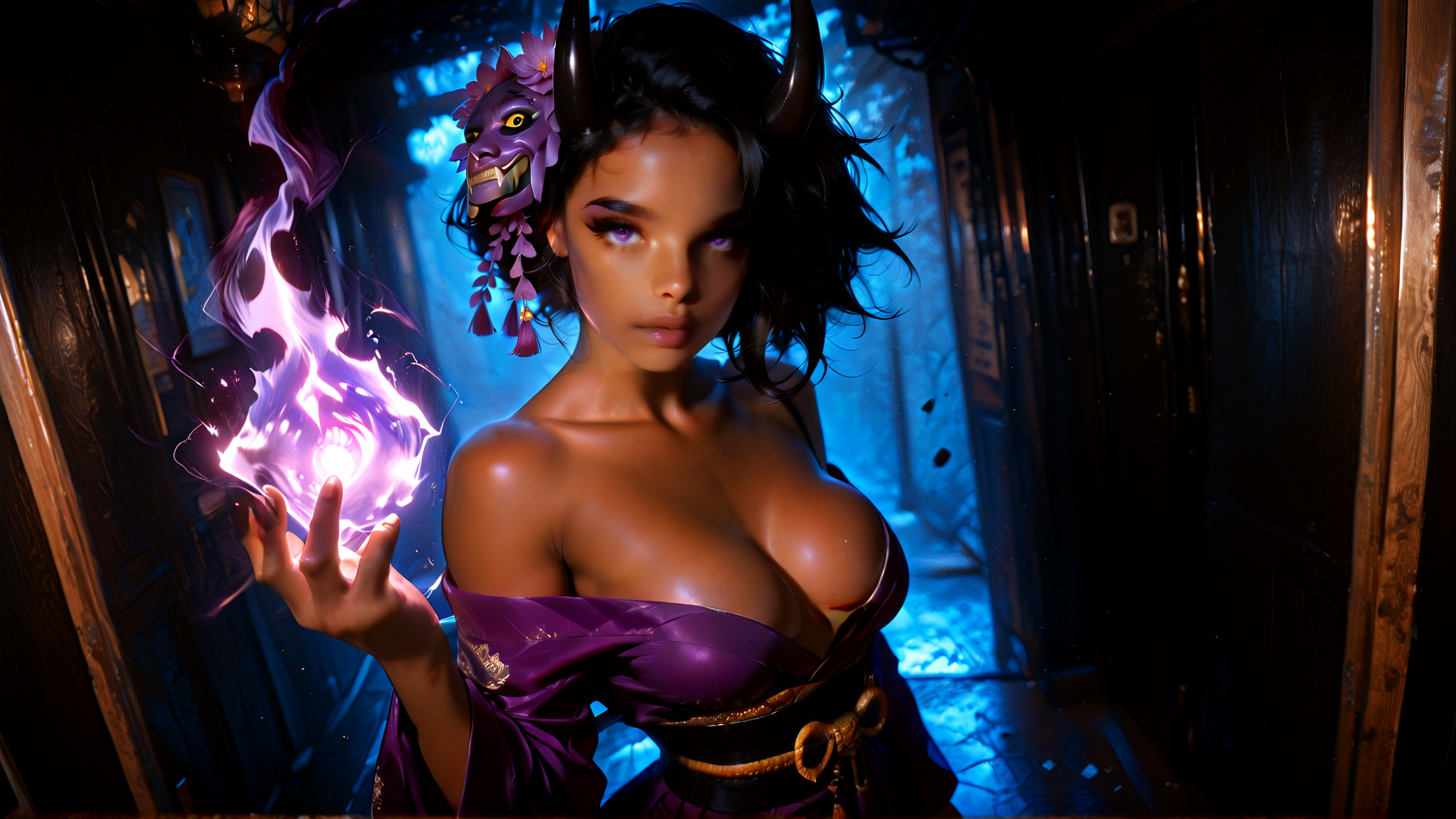 AI generated wallpaper featuring woman, horn, fire, mask, dress