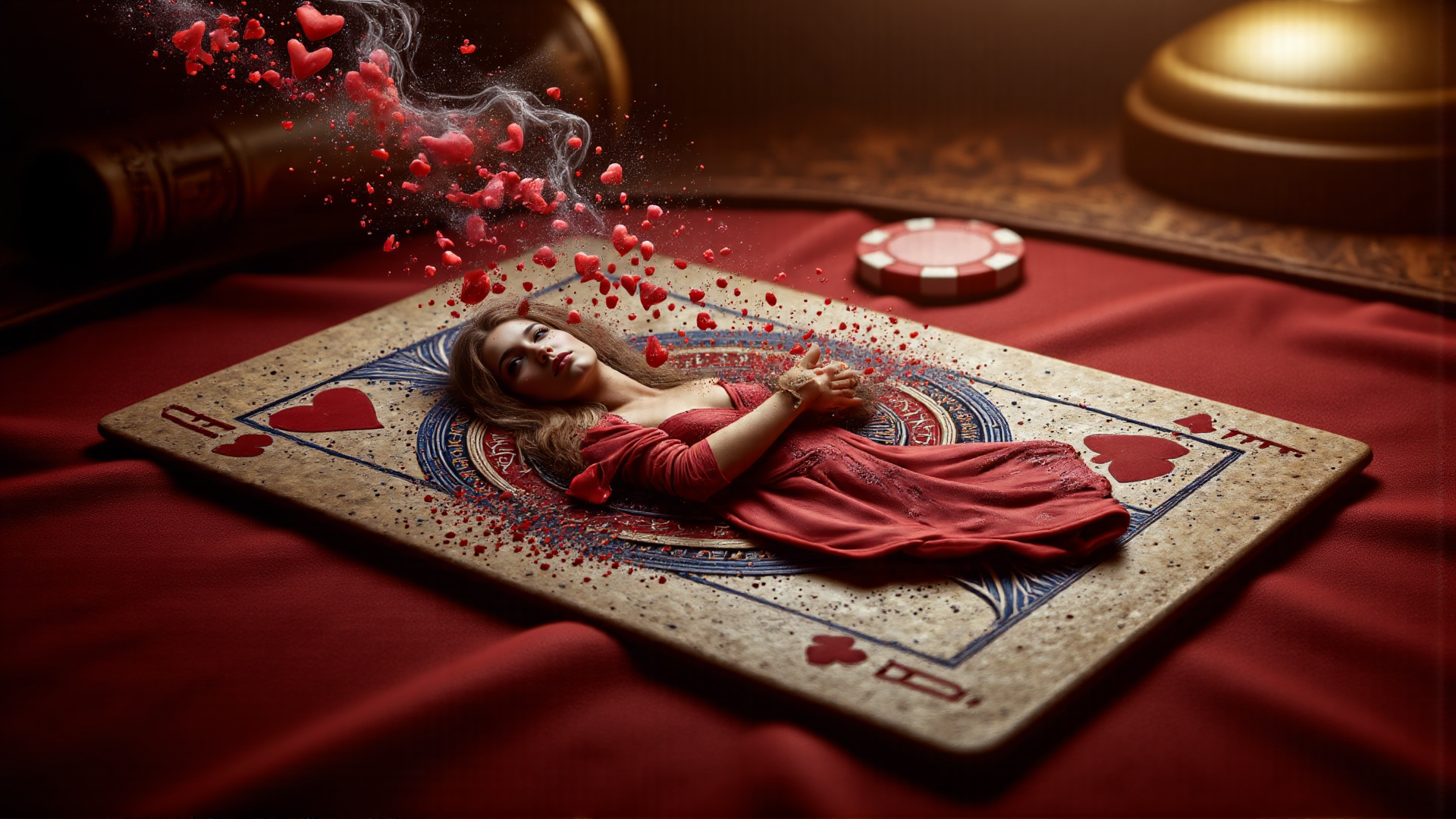AI generated wallpaper featuring woman, playing card, hearts