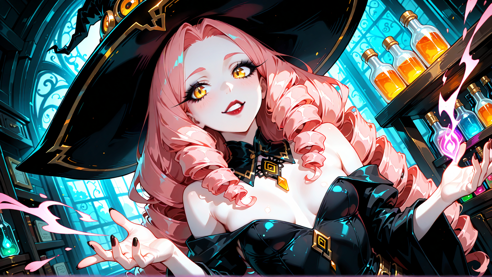 AI generated wallpaper featuring witch, pink hair, bottles, magic, hat, gloves, spell, laboratory, books, sparkles