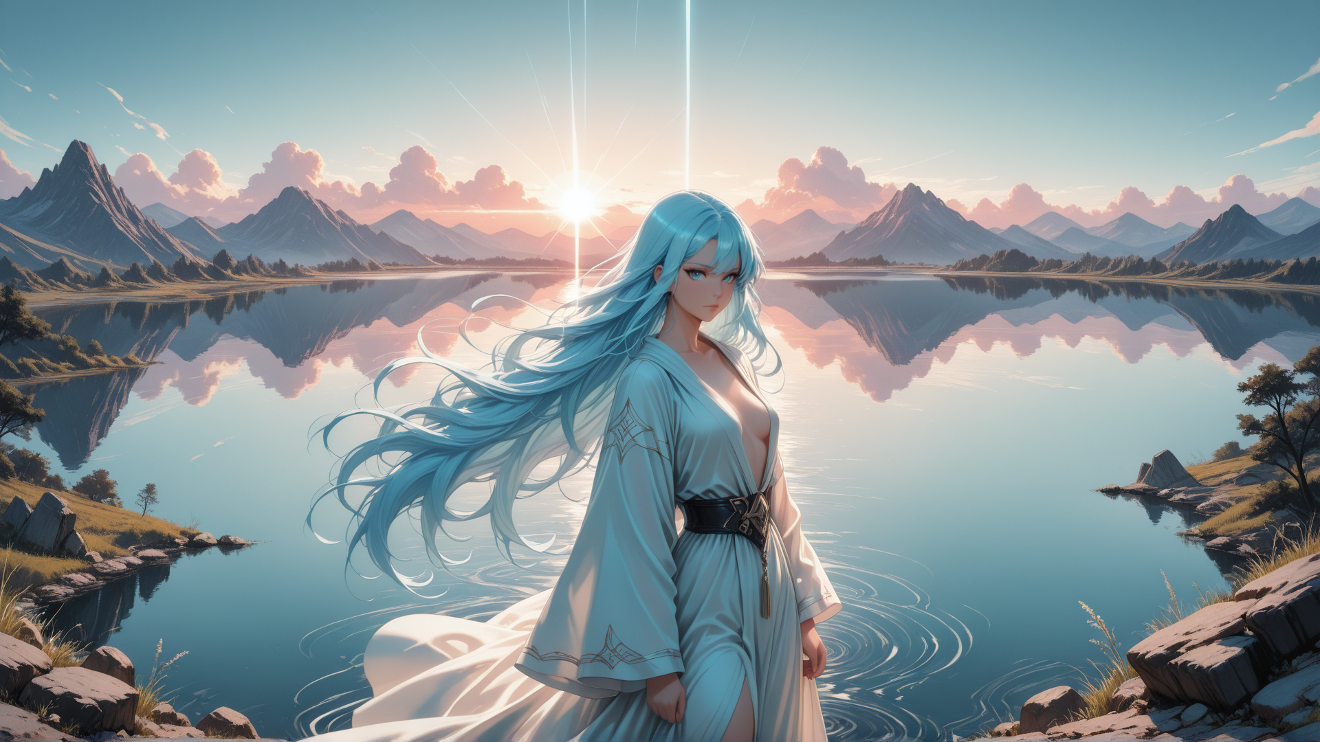AI generated wallpaper featuring woman, lake, mountains, sun, clouds, trees, rocks, dress, hair, landscape