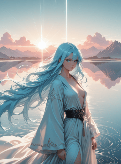 woman, lake, mountains, sun, clouds, trees, rocks, dress, hair, landscape