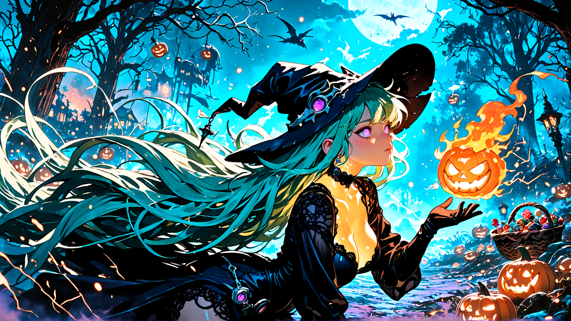 AI generated wallpaper featuring witch, pumpkin, tree, moon, bats, lantern, basket, candy, fire, sparkle