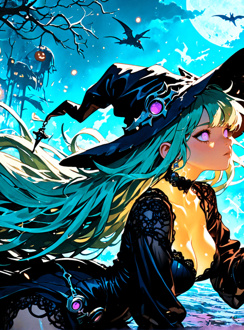 witch, pumpkin, tree, moon, bats, lantern, basket, candy, fire, sparkle
