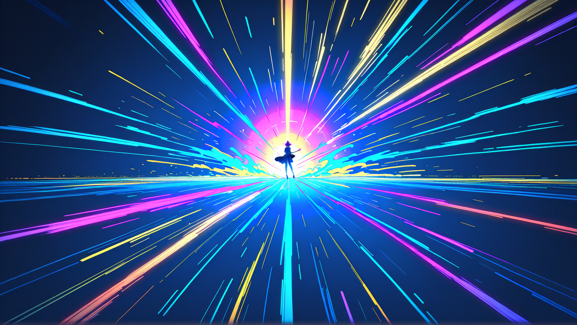 AI generated wallpaper featuring figure, light rays, silhouette