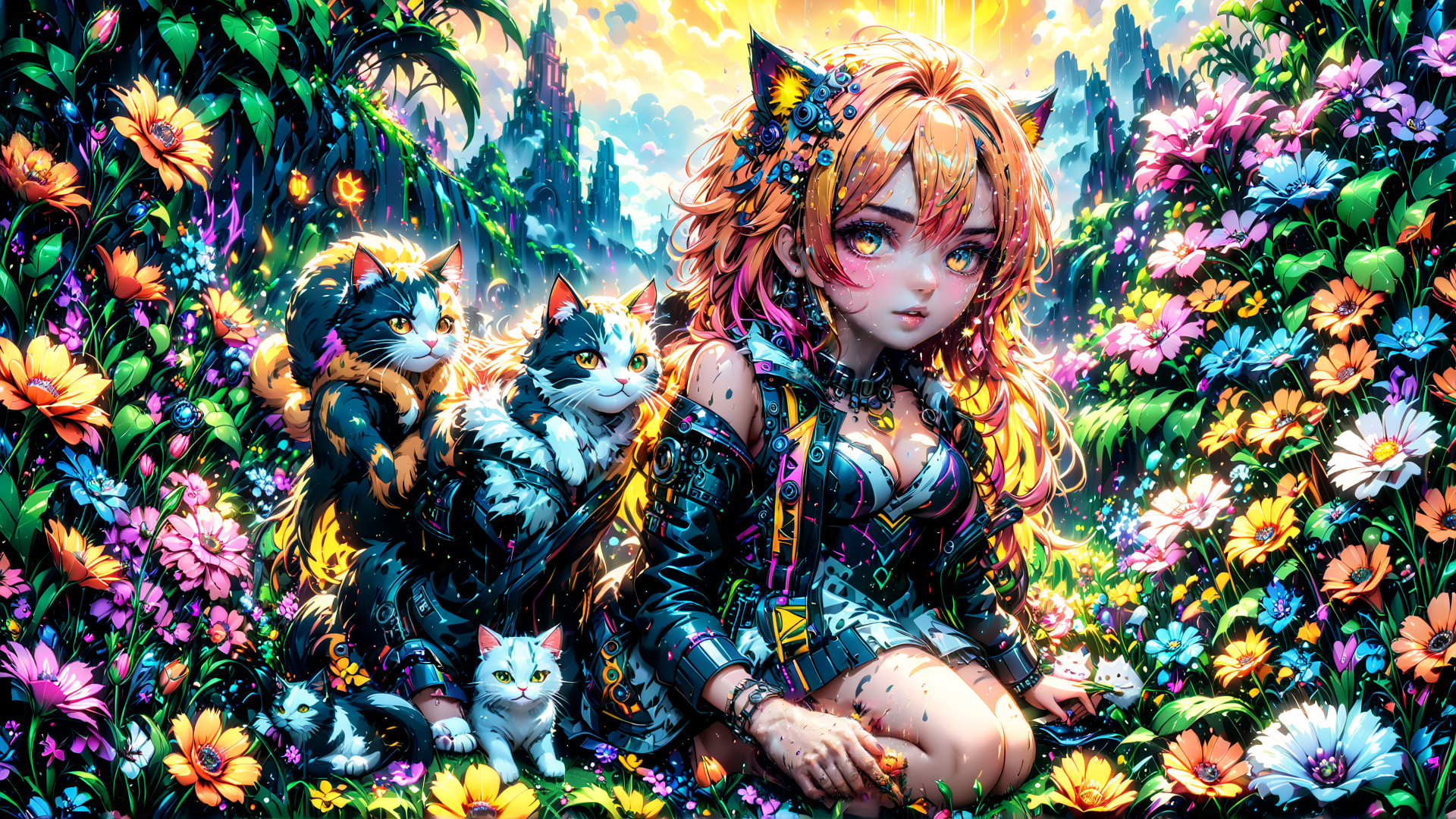 AI generated wallpaper featuring girl, cats, flowers