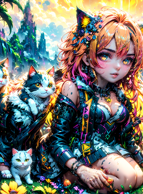 girl, cats, flowers