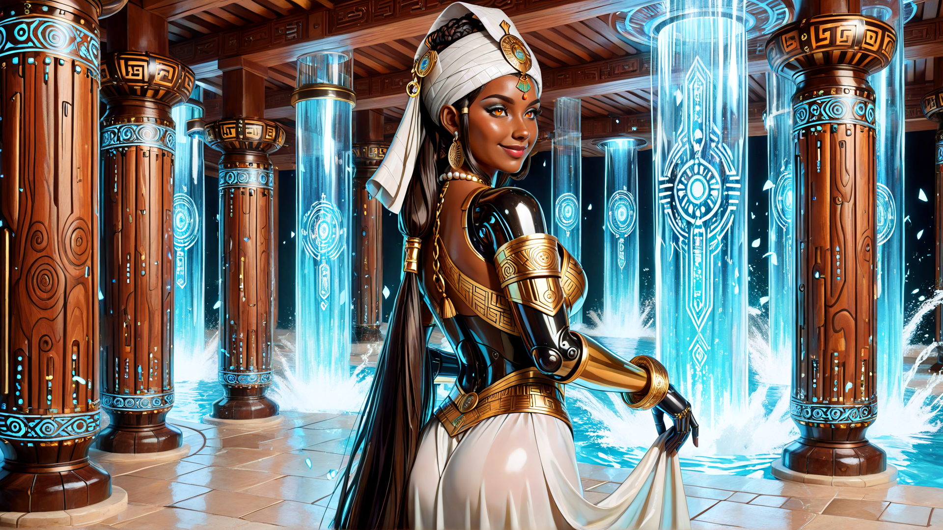AI generated wallpaper featuring woman, columns, fountain, armor, turban, water, gears, ancient, gilded, ornament