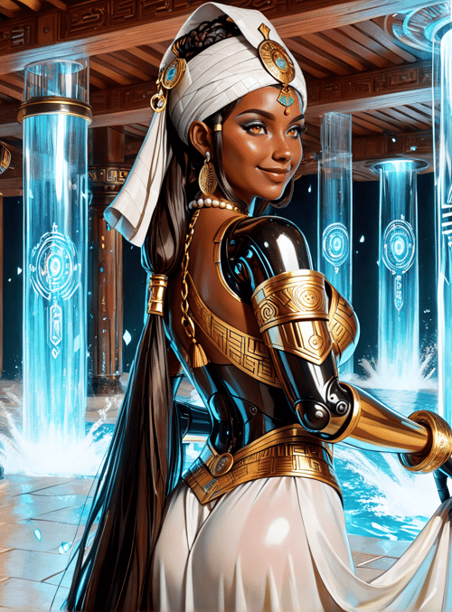 woman, columns, fountain, armor, turban, water, gears, ancient, gilded, ornament