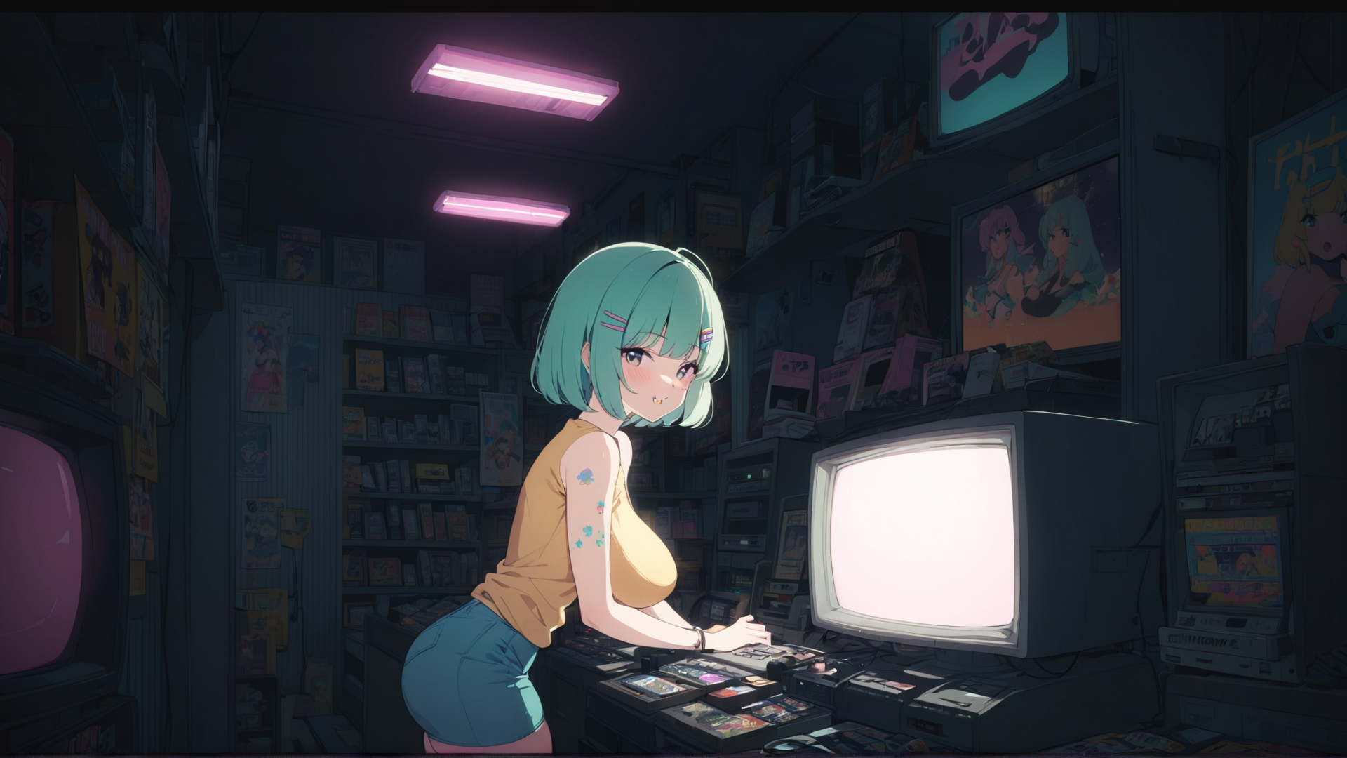 AI generated wallpaper featuring anime girl, retro tv, video games